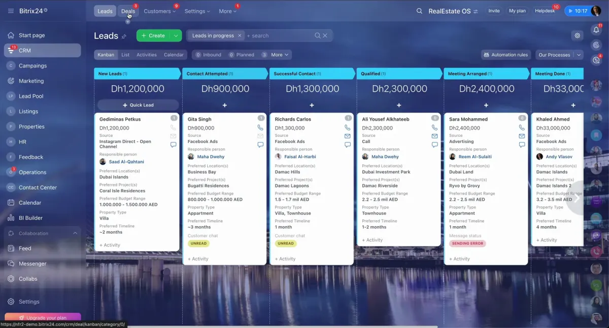 Bitrix24 CRM kanban board showing real estate leads, budgets, sources, and preferred locations for realtor deal tracking