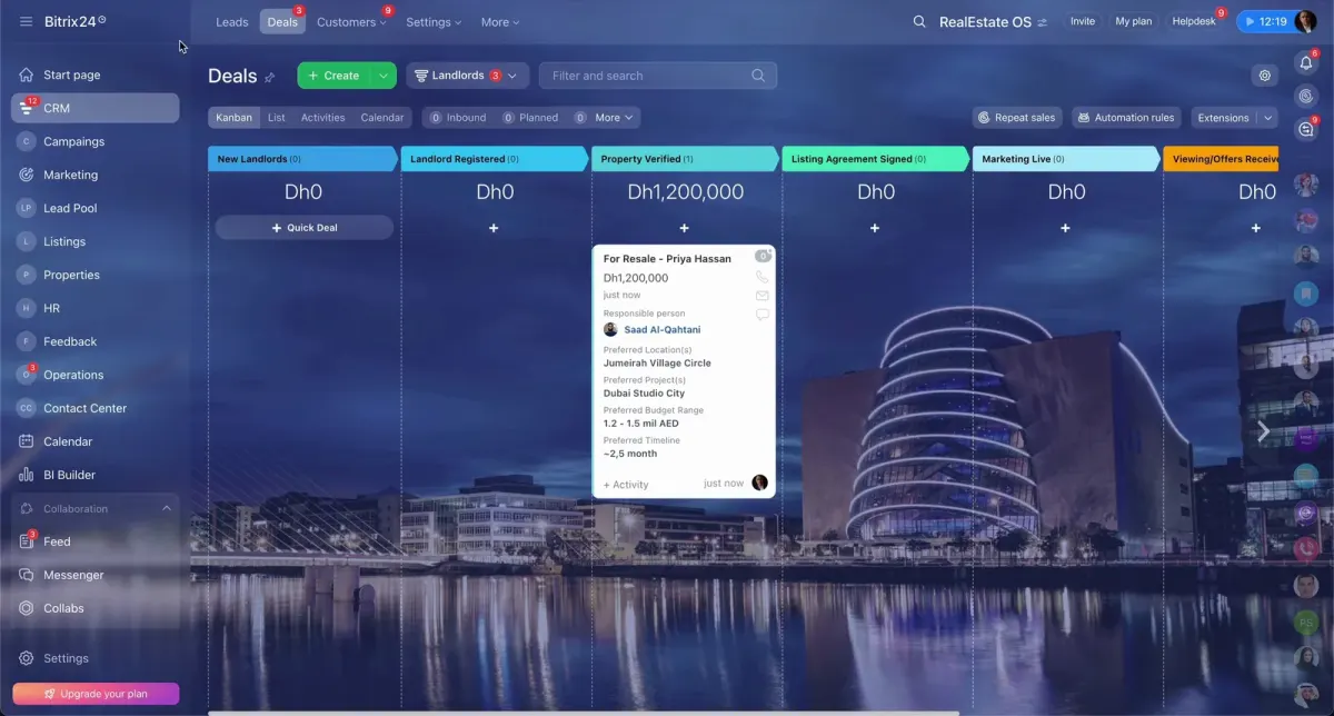 Bitrix24 real estate CRM deals pipeline showing listings, lead pool, client budget, location, and timeline fields Bitrix24 real estate CRM deals pipeline showing listings, lead pool, client budget, location, and timeline fields