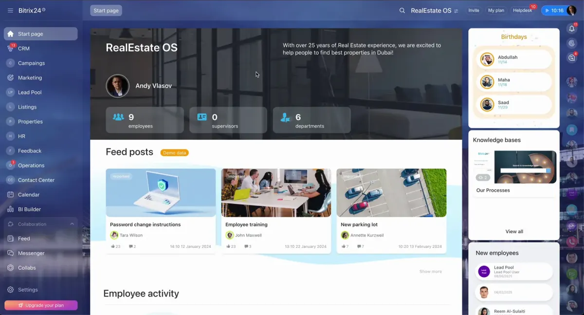 Bitrix24 RealEstateOS dashboard with CRM, lead pool, listings, properties, operations, calendar and employee activity widgets