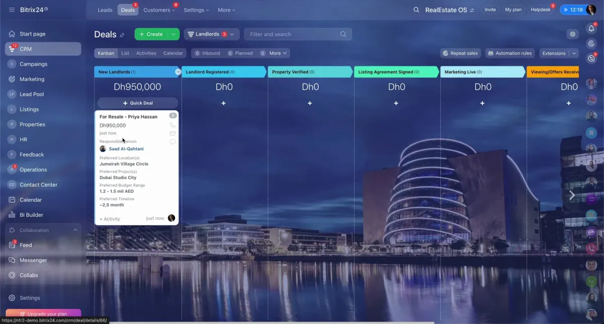 Bitrix24 CRM deals pipeline view with kanban stages, deal details, activities, and automation options Bitrix24 CRM deals pipeline view with kanban stages, deal details, activities, and automation options