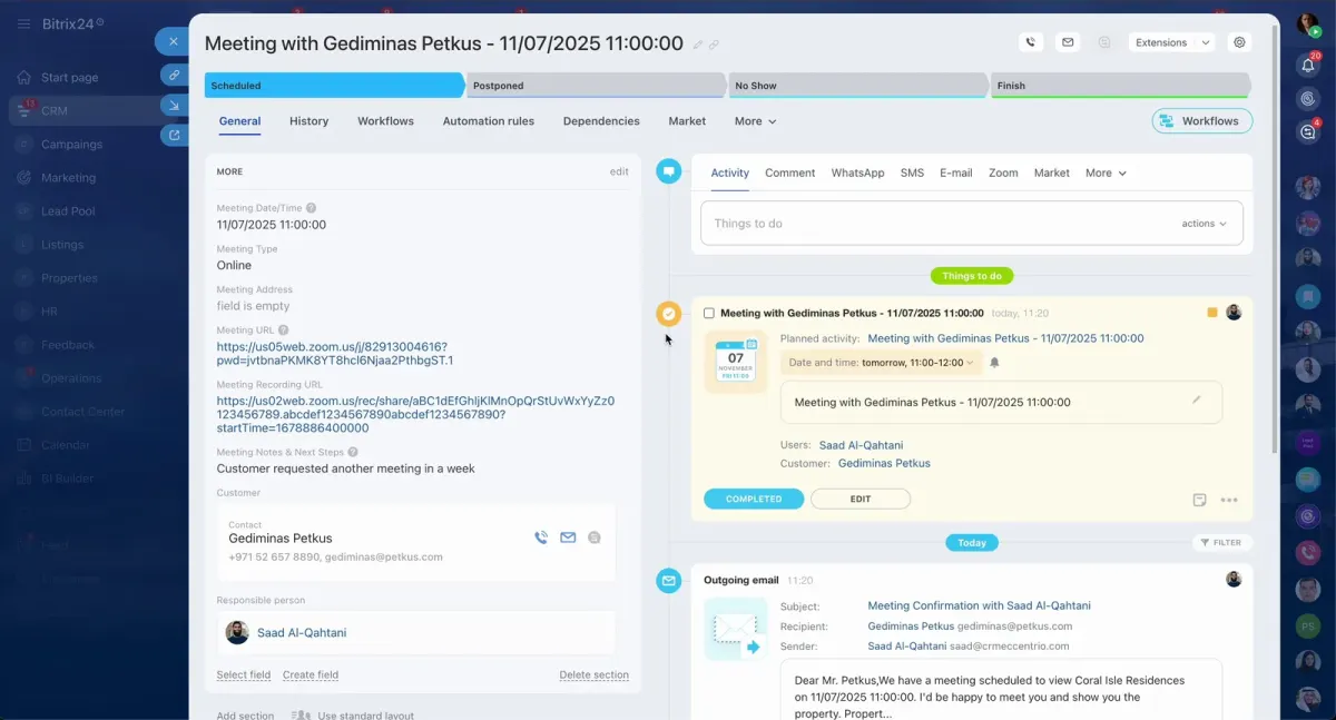 CRM activity timeline showing a scheduled meeting, Zoom link, email, WhatsApp, SMS, and customer details in one client record