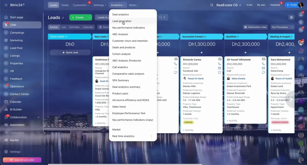 Bitrix24 RealEstate OS CRM showing lead kanban, deal analytics, property preferences, budgets, and listing-related CRM fields Bitrix24 RealEstate OS CRM showing lead kanban, deal analytics, property preferences, budgets, and listing-related CRM fields