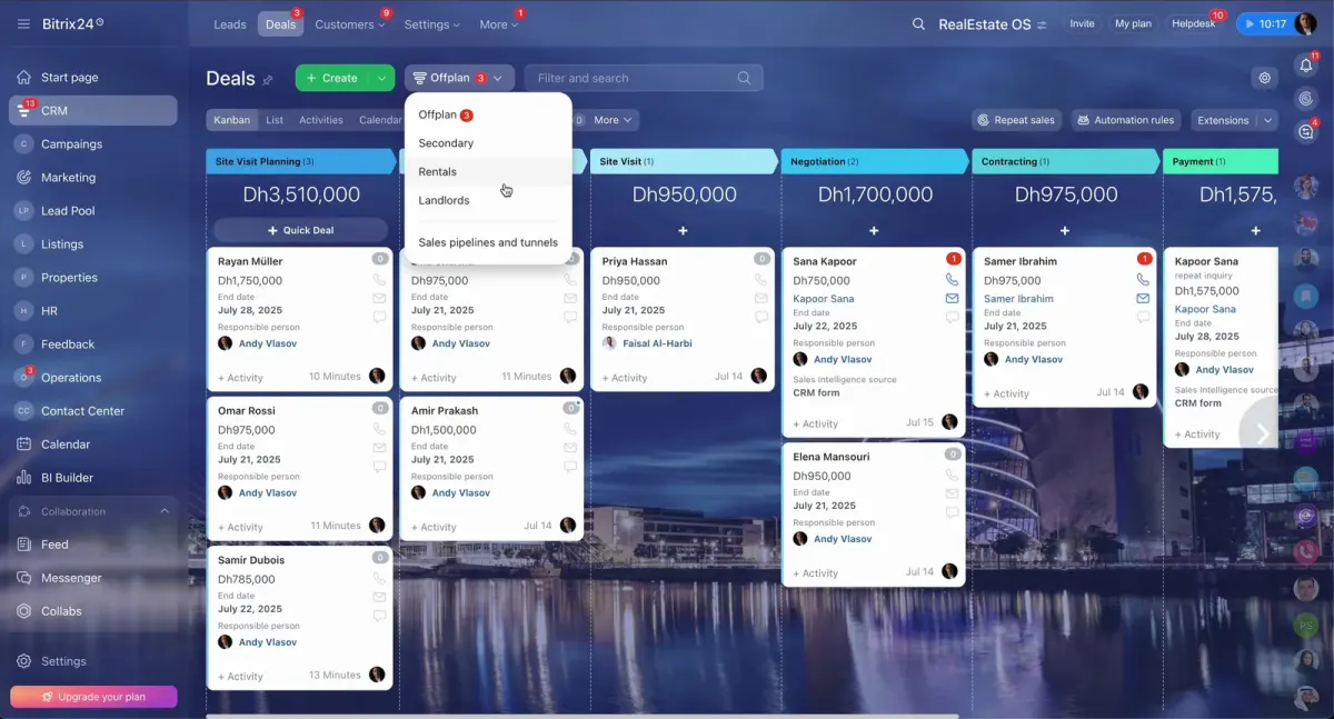 Bitrix24 real estate CRM kanban board showing leads, deals, listings, values, dates, and responsible agents Bitrix24 real estate CRM kanban board showing leads, deals, listings, values, dates, and responsible agents