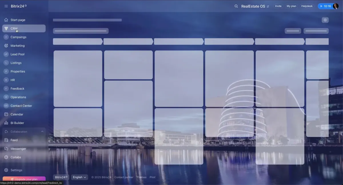 Bitrix24 RealEstateOS CRM dashboard with navigation for leads, listings, properties, operations, calendar, and BI tools