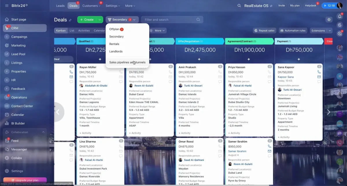 Bitrix24 real estate CRM deals kanban showing pipeline stages including agreement, contract, and payment Bitrix24 real estate CRM deals kanban showing pipeline stages including agreement, contract, and payment