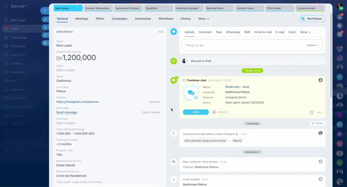 Bitrix24 real estate lead pipeline showing stages from new lead to qualified meeting and offer Bitrix24 real estate lead pipeline showing stages from new lead to qualified meeting and offer