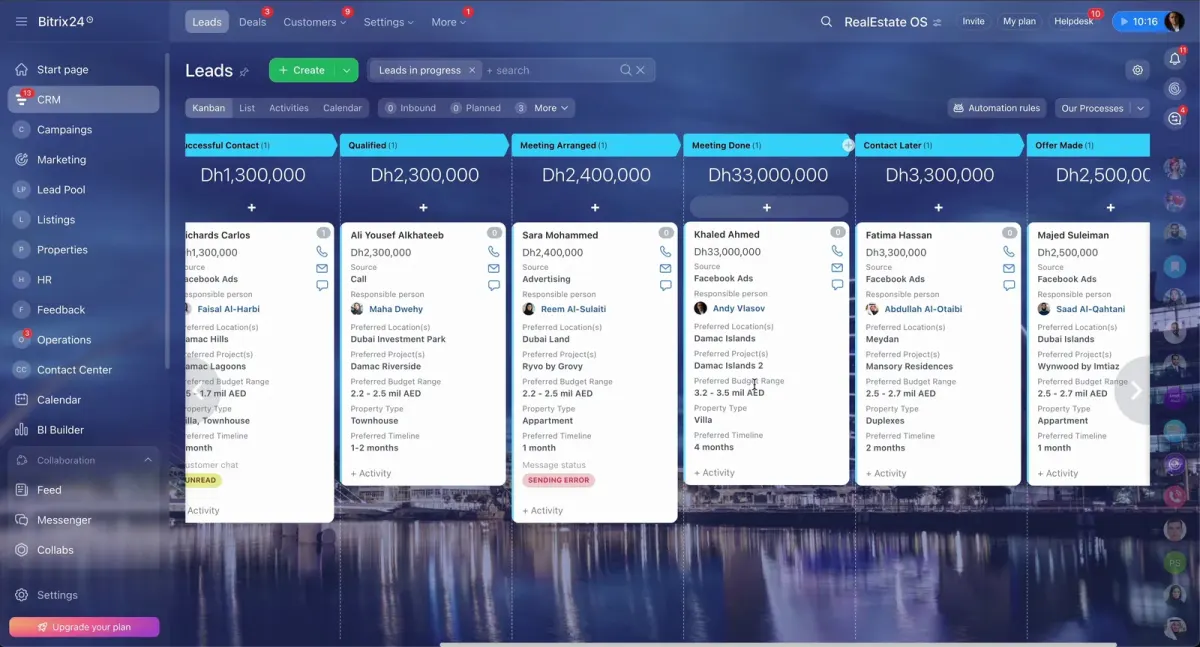 CRM screenshot showing real estate leads in progress with lead source, agent, budget, property type, and follow-up activity CRM screenshot showing real estate leads in progress with lead source, agent, budget, property type, and follow-up activity