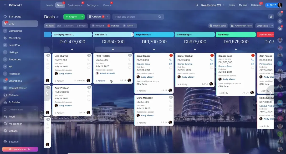 CRM dashboard showing real estate leads and deals in pipeline stages with values, activities, and responsible agents
