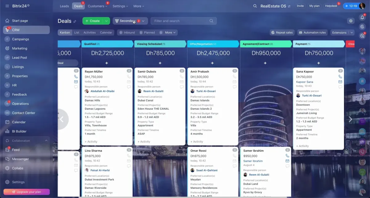Bitrix24 deal pipeline board showing real estate leads by stage, budget, location, and responsible person