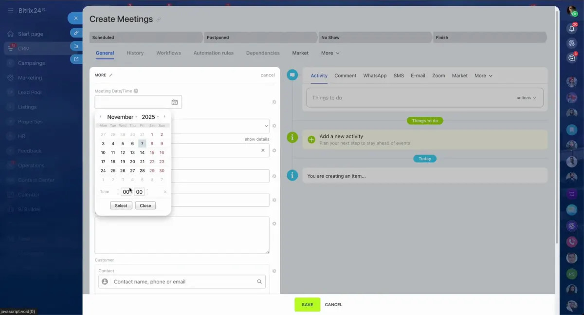 Bitrix24 meeting workflow screen with automation rules, activities, and a November 2025 calendar for real estate task management Bitrix24 meeting workflow screen with automation rules, activities, and a November 2025 calendar for real estate task management