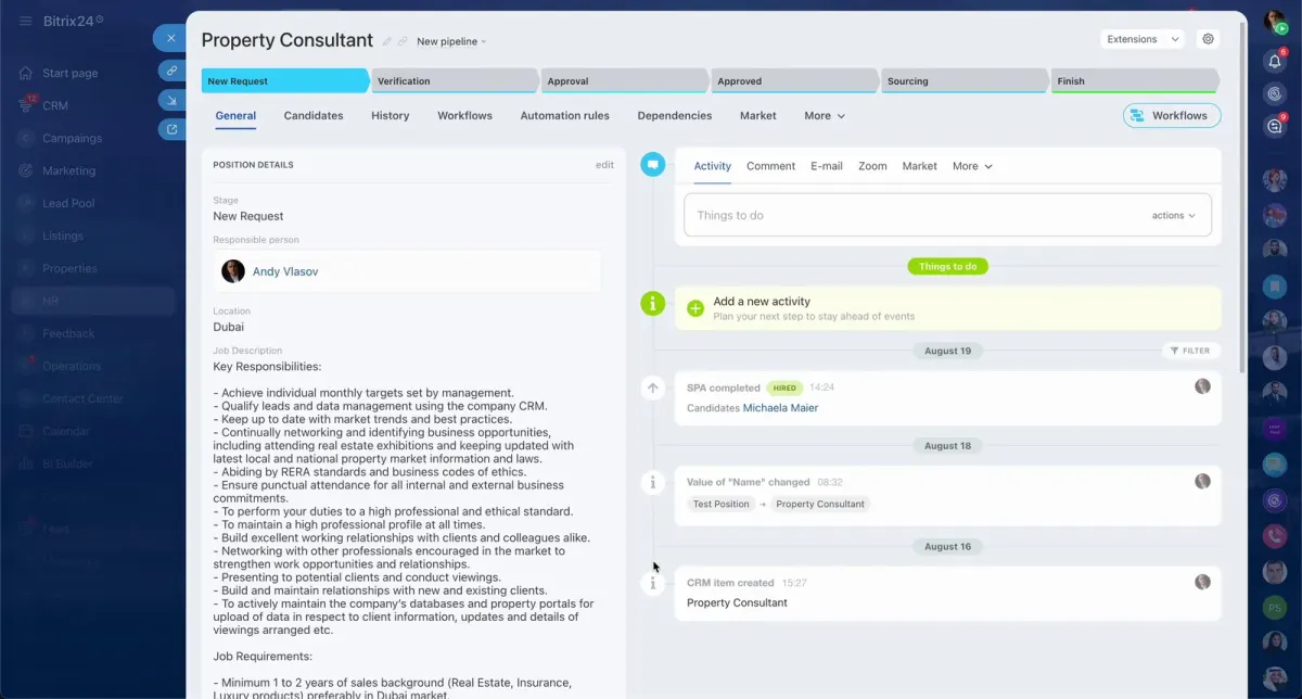 Workflow screen for a property consultant showing request stages, automation rules, activities, and candidate details Workflow screen for a property consultant showing request stages, automation rules, activities, and candidate details