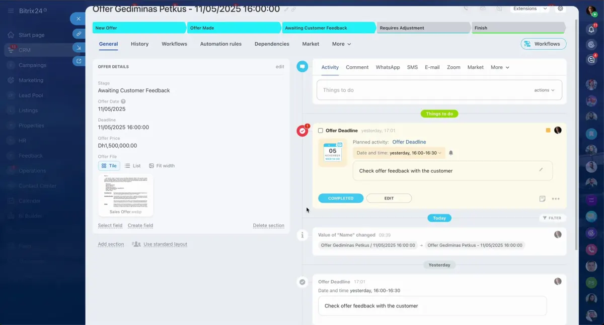 CRM offer record showing activity, comments, WhatsApp, SMS, email and workflow tabs